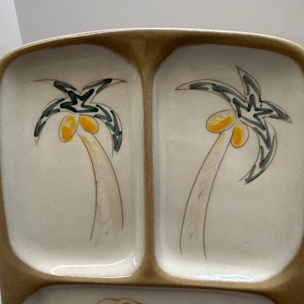 VTG 50's Glidden Pottery 300 Divided Tray Lion Palm Tree‎ MCM Circus Server Dish